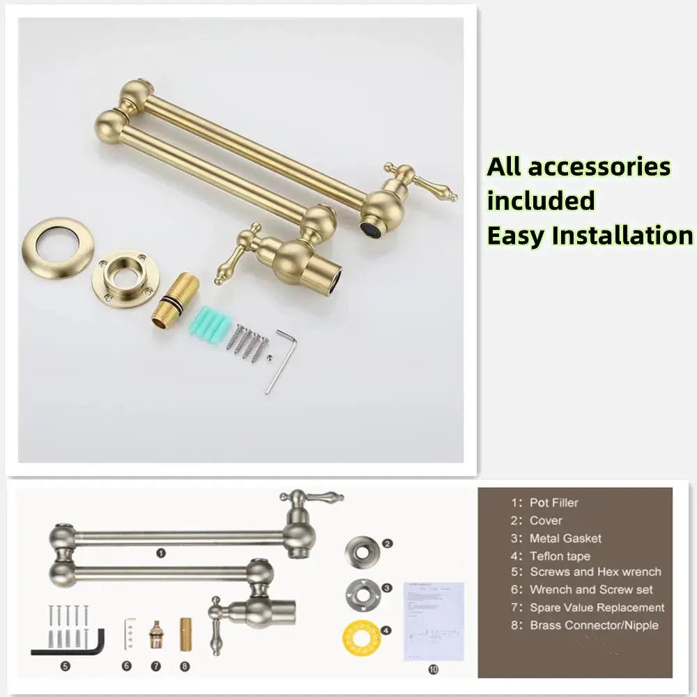 Matte Gold Wall Mount Pot Filler – Brass Folding Kitchen Mixer Tap with Dual Handles - Deck Mounted Brass Kitchen Faucets TapBathroomLux