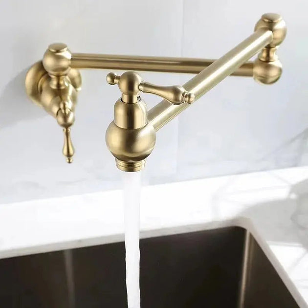 Matte Gold Wall Mount Pot Filler – Brass Folding Kitchen Mixer Tap with Dual Handles - Deck Mounted Brass Kitchen Faucets TapBathroomLux