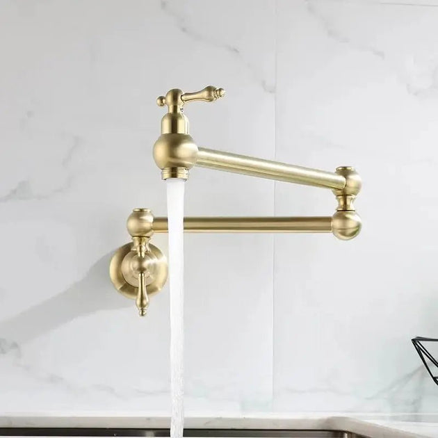 Matte Gold Wall Mount Pot Filler – Brass Folding Kitchen Mixer Tap with Dual Handles - Deck Mounted Brass Kitchen Faucets TapBathroomLux