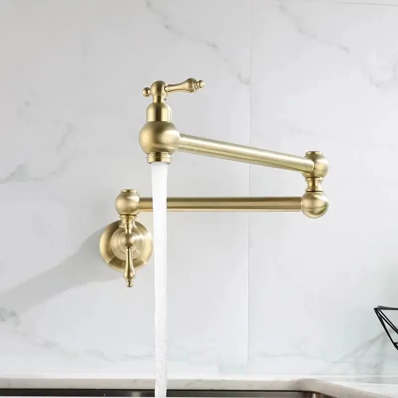 Matte Gold Wall Mount Pot Filler – Brass Folding Kitchen Mixer Tap with Dual Handles - Deck Mounted Brass Kitchen Faucets TapBathroomLux