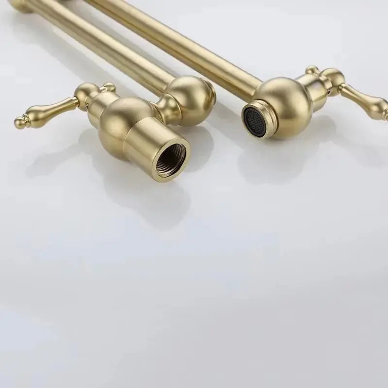 Matte Gold Wall Mount Pot Filler – Brass Folding Kitchen Mixer Tap with Dual Handles - Deck Mounted Brass Kitchen Faucets TapBathroomLux