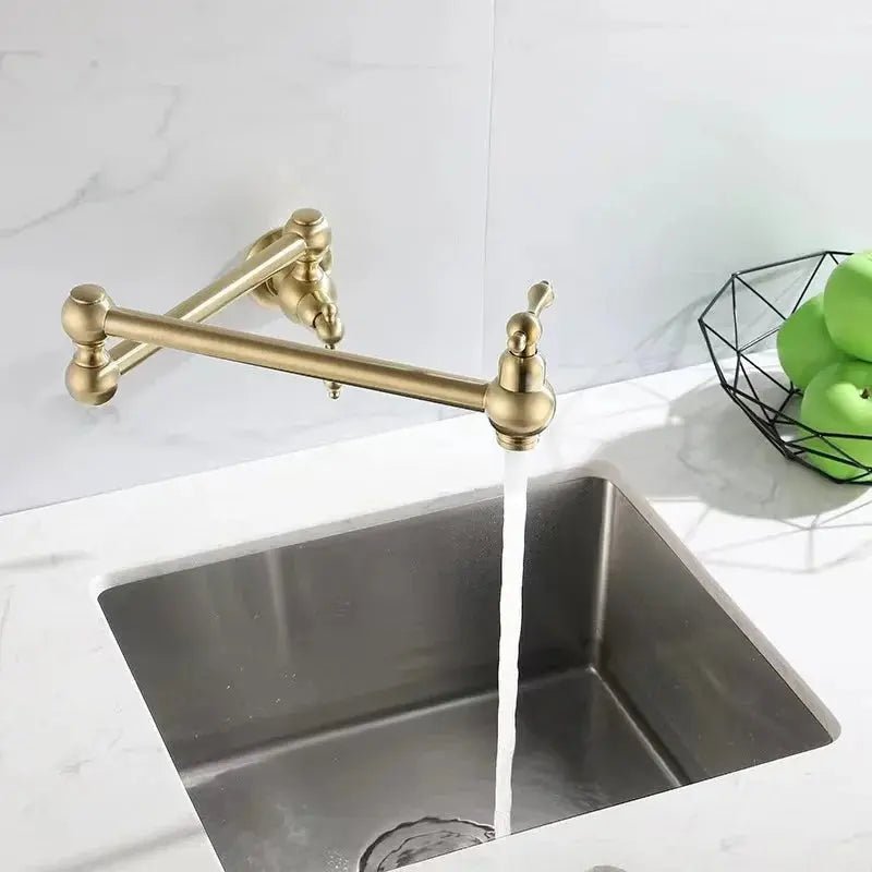 Matte Gold Wall Mount Pot Filler – Brass Folding Kitchen Mixer Tap with Dual Handles - Deck Mounted Brass Kitchen Faucets TapBathroomLux