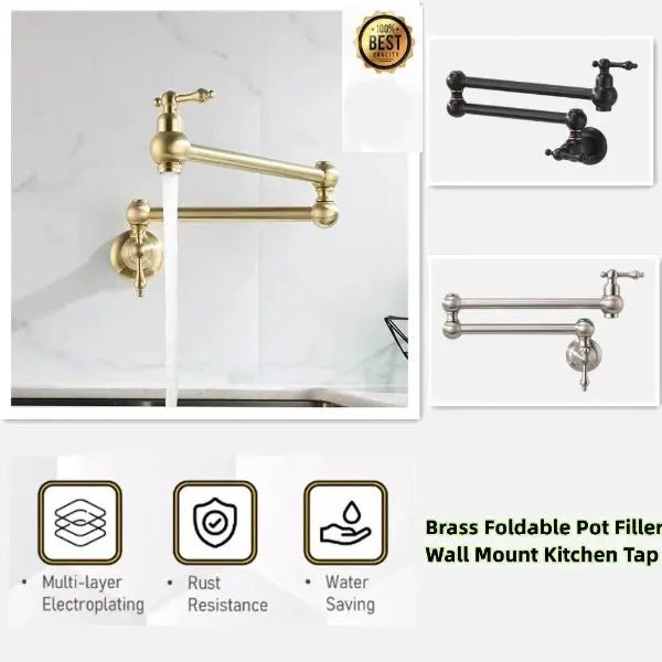 Matte Gold Wall Mount Pot Filler – Brass Folding Kitchen Mixer Tap with Dual Handles - Deck Mounted Brass Kitchen Faucets TapBathroomLux