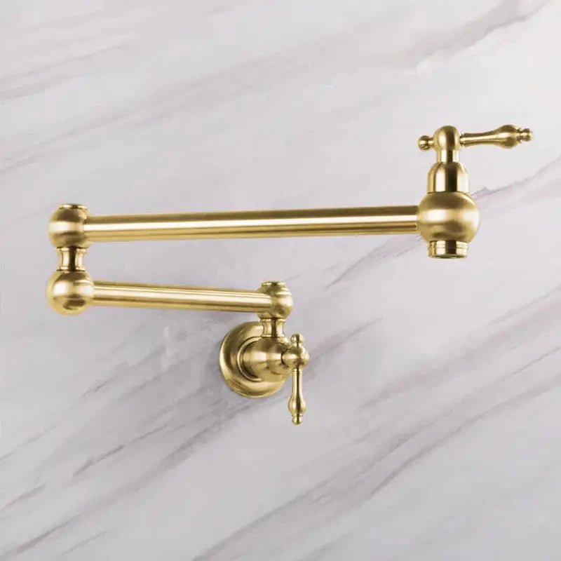 Matte Gold Wall Mount Pot Filler – Brass Folding Kitchen Mixer Tap with Dual Handles - Deck Mounted Brass Kitchen Faucets TapBathroomLux