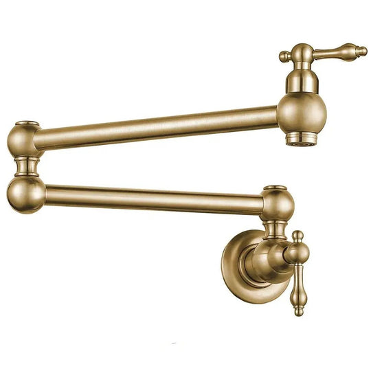 Matte Gold Wall Mount Pot Filler – Brass Folding Kitchen Mixer Tap with Dual Handles - Deck Mounted Brass Kitchen Faucets TapBathroomLux