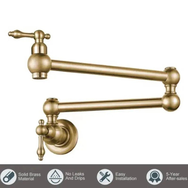 Matte Gold Wall Mount Pot Filler – Brass Folding Kitchen Mixer Tap with Dual Handles - Deck Mounted Brass Kitchen Faucets TapBathroomLux