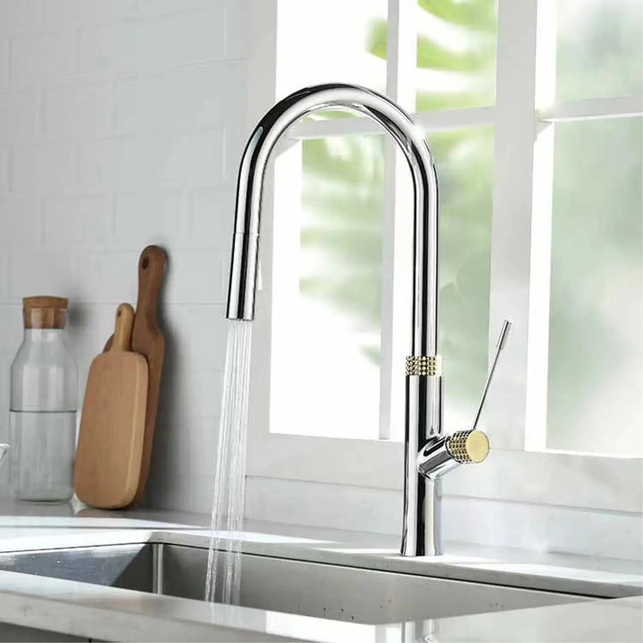 Modern Brass Kitchen Faucet – Light Luxury Pull - Out Hot & Cold Mixer Tap - Modern Brass Kitchen FaucetBathroomLux