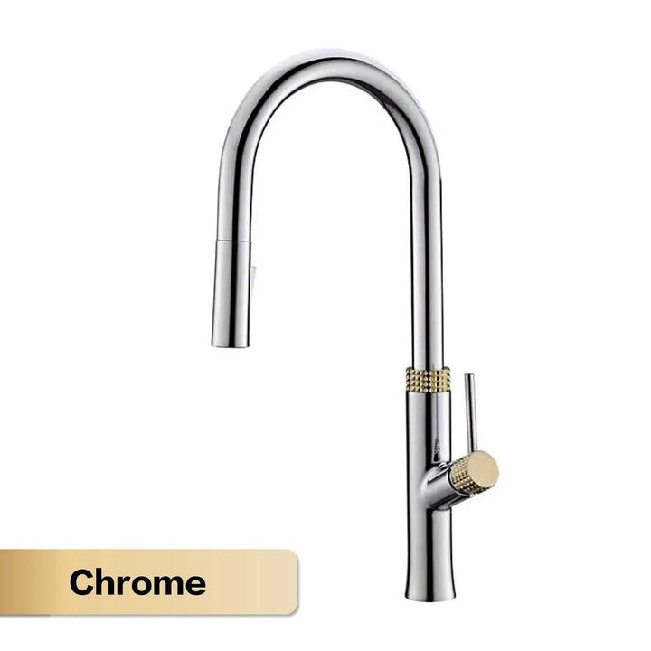 Modern Brass Kitchen Faucet – Light Luxury Pull - Out Hot & Cold Mixer Tap - Modern Brass Kitchen FaucetBathroomLux