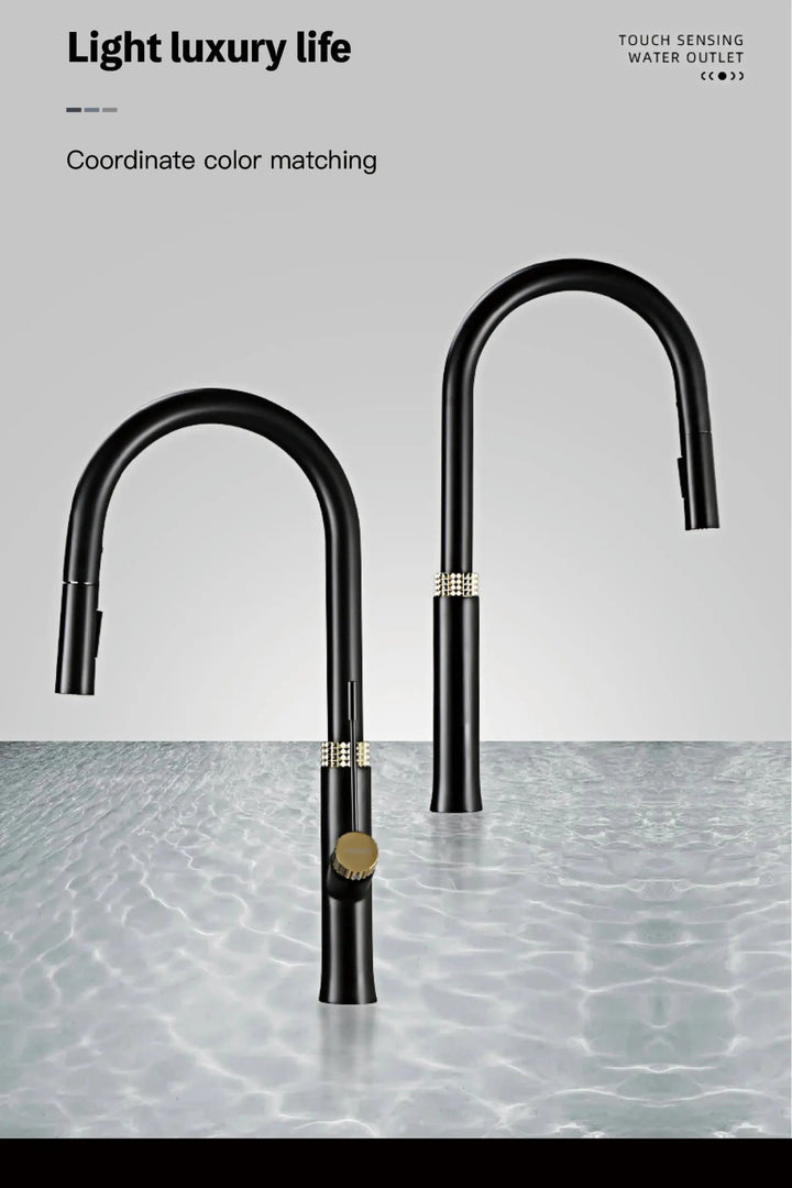 Modern Brass Kitchen Faucet – Light Luxury Pull - Out Hot & Cold Mixer Tap - Modern Brass Kitchen FaucetBathroomLux
