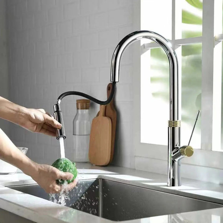 Modern Brass Kitchen Faucet – Light Luxury Pull - Out Hot & Cold Mixer Tap - Modern Brass Kitchen FaucetBathroomLux