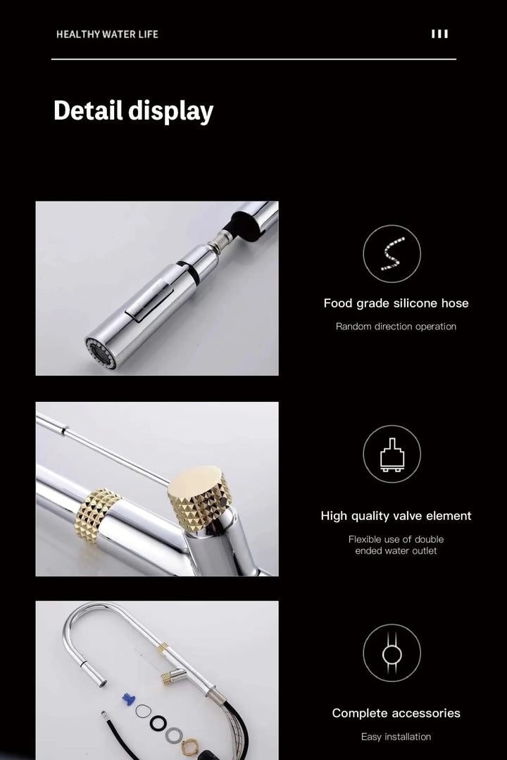 Modern Brass Kitchen Faucet – Light Luxury Pull - Out Hot & Cold Mixer Tap - Modern Brass Kitchen FaucetBathroomLux