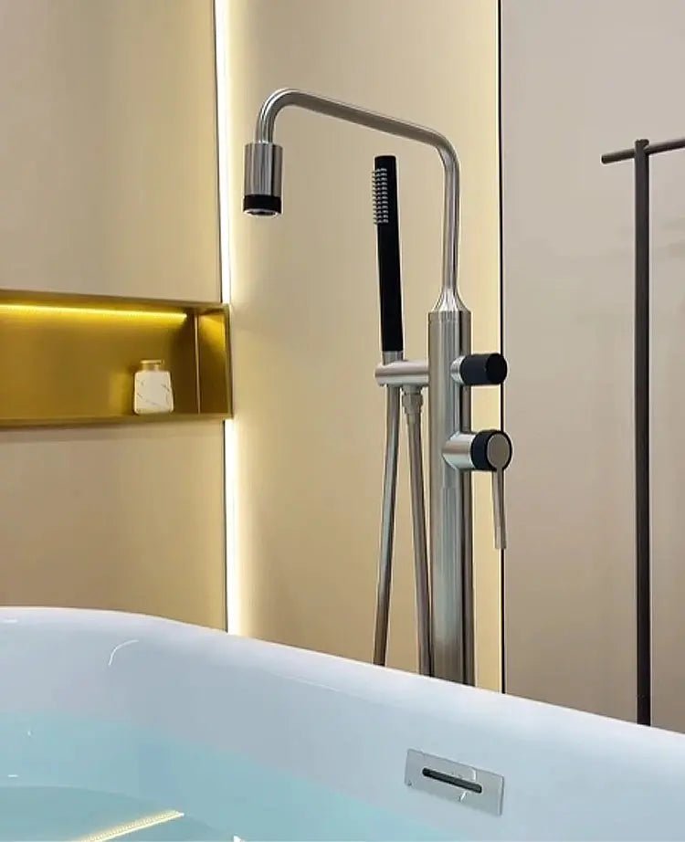 Modern Brushed Brass Freestanding Bath Shower Mixer Tap - Brushed Brass Freestanding Bath Shower Mixer TapBathroomLux