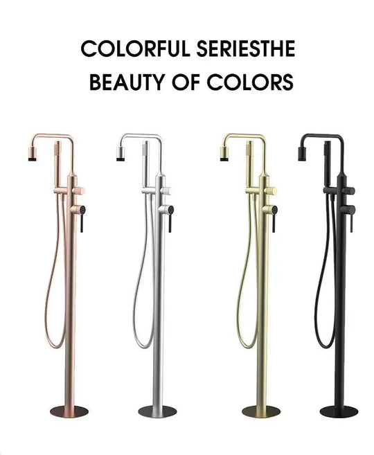 Modern Brushed Brass Freestanding Bath Shower Mixer Tap - Brushed Brass Freestanding Bath Shower Mixer TapBathroomLux