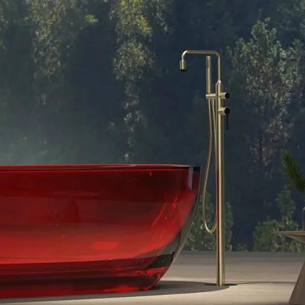 Modern Brushed Brass Freestanding Bath Shower Mixer Tap - Brushed Brass Freestanding Bath Shower Mixer TapBathroomLux