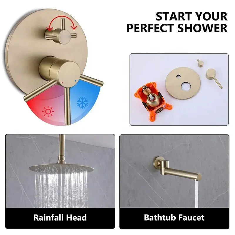 Modern Brushed Gold Dual Handle Rainfall Shower Set | Concealed Design - conceal showerBathroomLux