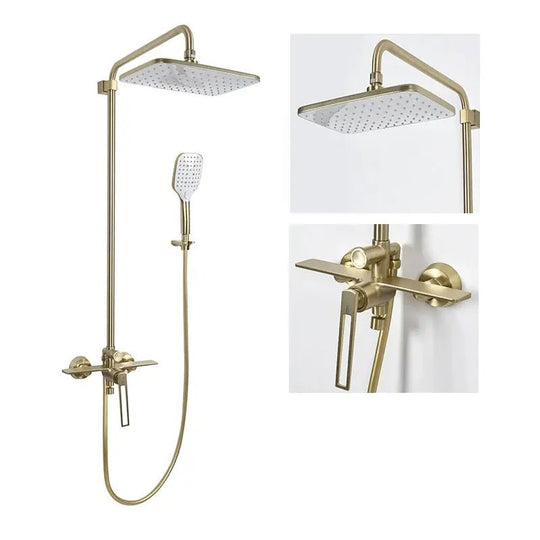 Modern Brushed Gold Shower Set – Brass Square Rainfall Mixer & Exposed Faucet System - Bathtub & Shower FaucetsBathroomLux