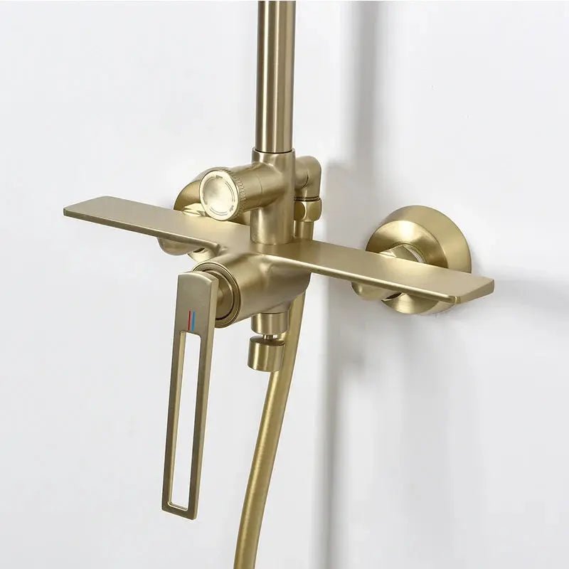Modern Brushed Gold Shower Set – Brass Square Rainfall Mixer & Exposed Faucet System - Bathtub & Shower FaucetsBathroomLux