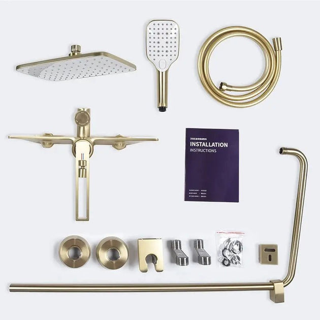 Modern Brushed Gold Shower Set – Brass Square Rainfall Mixer & Exposed Faucet System - Bathtub & Shower FaucetsBathroomLux