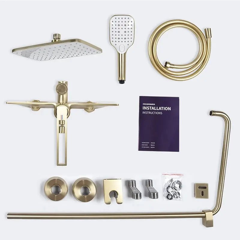 Modern Brushed Gold Shower Set – Brass Square Rainfall Mixer & Exposed Faucet System - Bathtub & Shower FaucetsBathroomLux