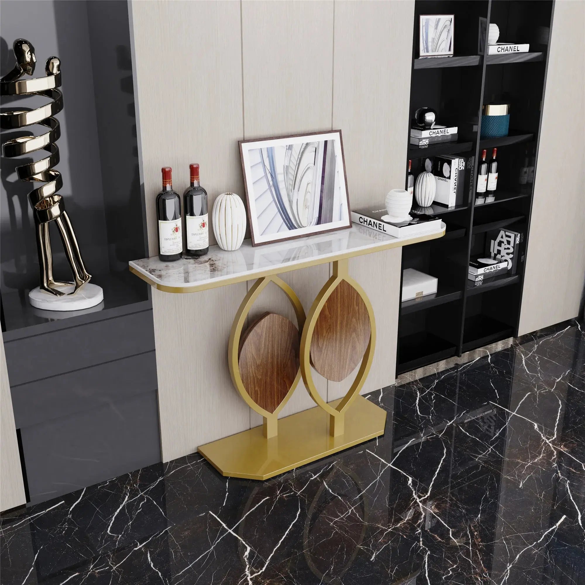 Modern Gold Console Table with Geometric Metal Base, Sintered Stone ...