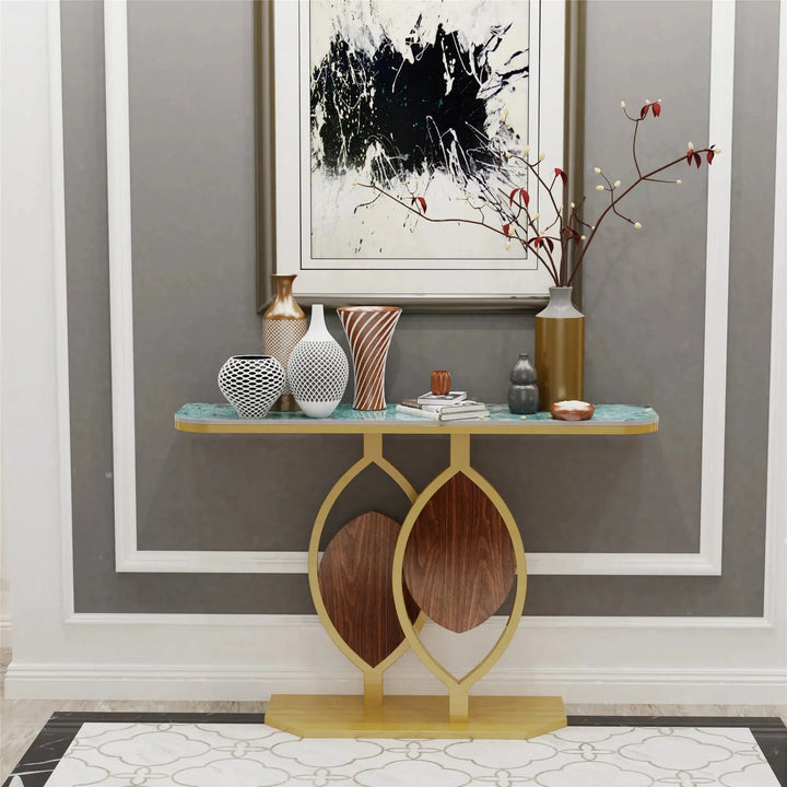 Modern Gold Console Table with Sintered Stone Top for Narrow Entryways - Modern Gold Console Table with Sintered Stone Top for Narrow EntrywaysBathroomLux