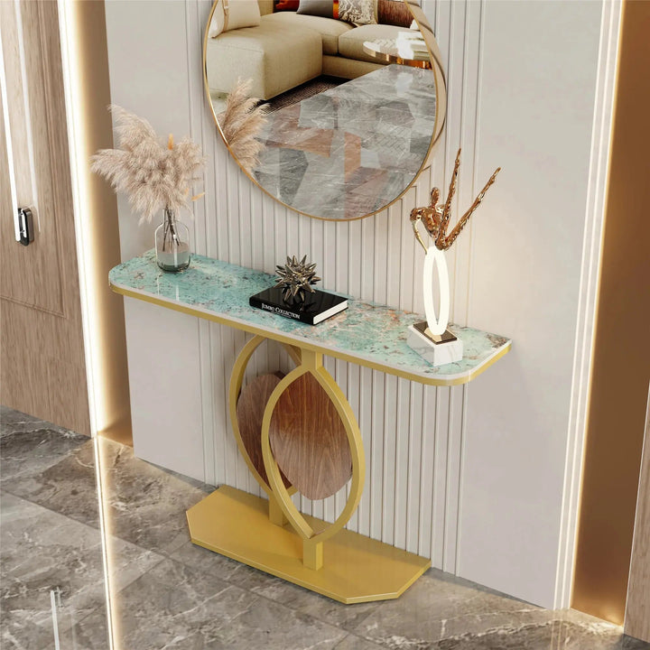 Modern Gold Console Table with Sintered Stone Top for Narrow Entryways - Modern Gold Console Table with Sintered Stone Top for Narrow EntrywaysBathroomLux