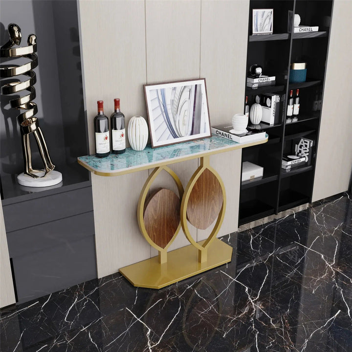 Modern Gold Console Table with Sintered Stone Top for Narrow Entryways - Modern Gold Console Table with Sintered Stone Top for Narrow EntrywaysBathroomLux