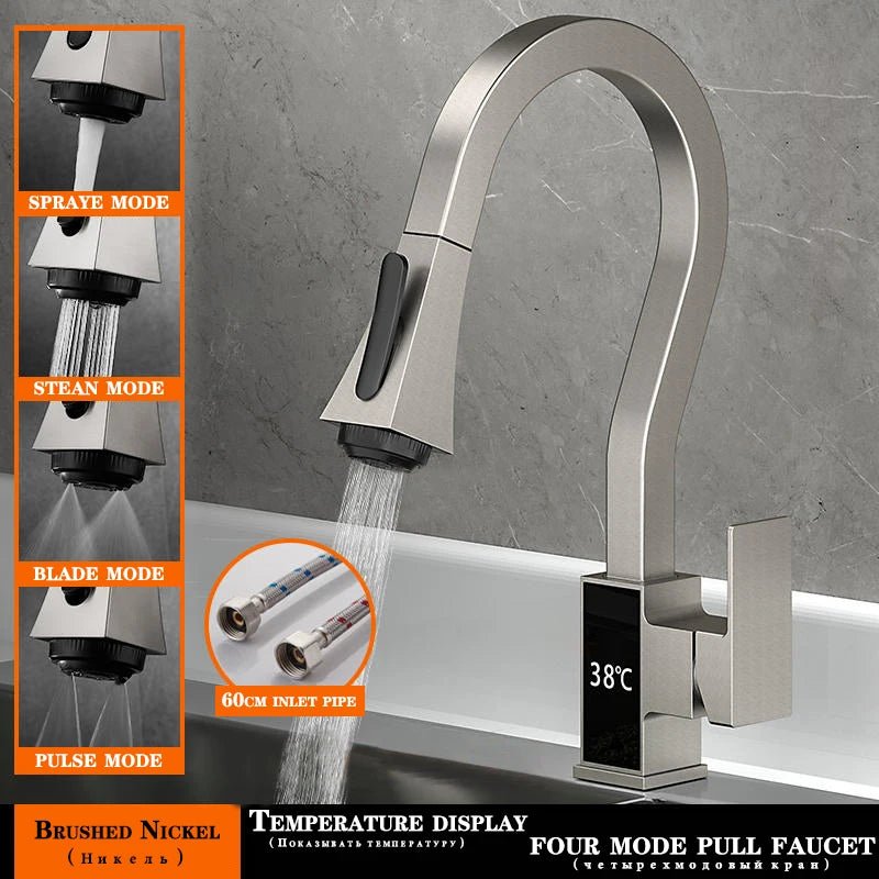 Modern Grey Digital display, Pull - out Kitchen Faucets with Four Function - BathroomLux