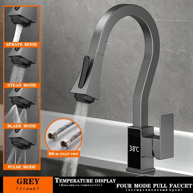 Modern Grey Digital display, Pull - out Kitchen Faucets with Four Function - BathroomLux