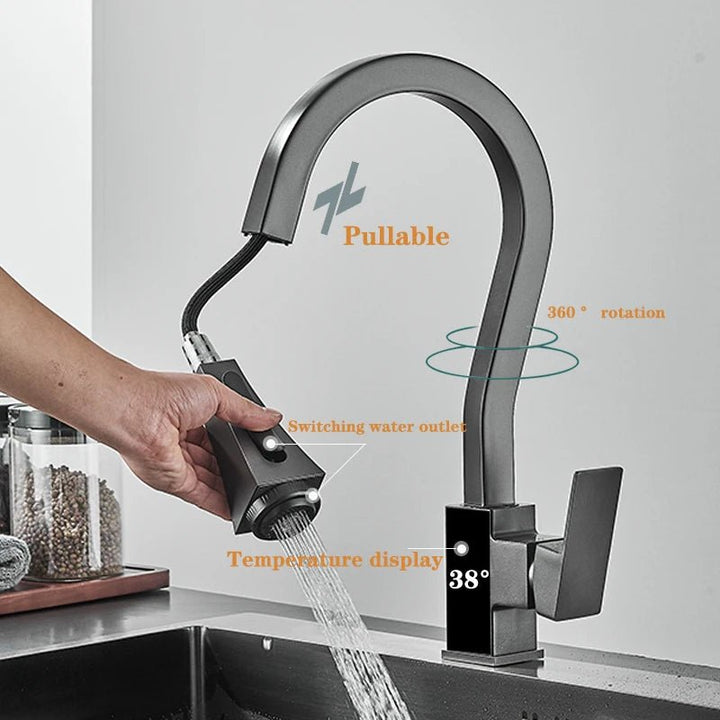 Modern Grey Digital display, Pull - out Kitchen Faucets with Four Function - BathroomLux