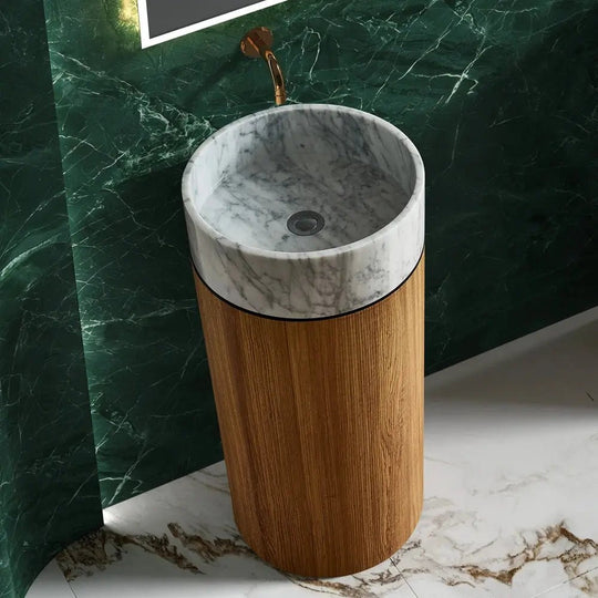 Modern Marble and Wood Grain Washbasin – Stainless Steel Base with White Stone Sink - Vessel Sinks ukBathroomLux