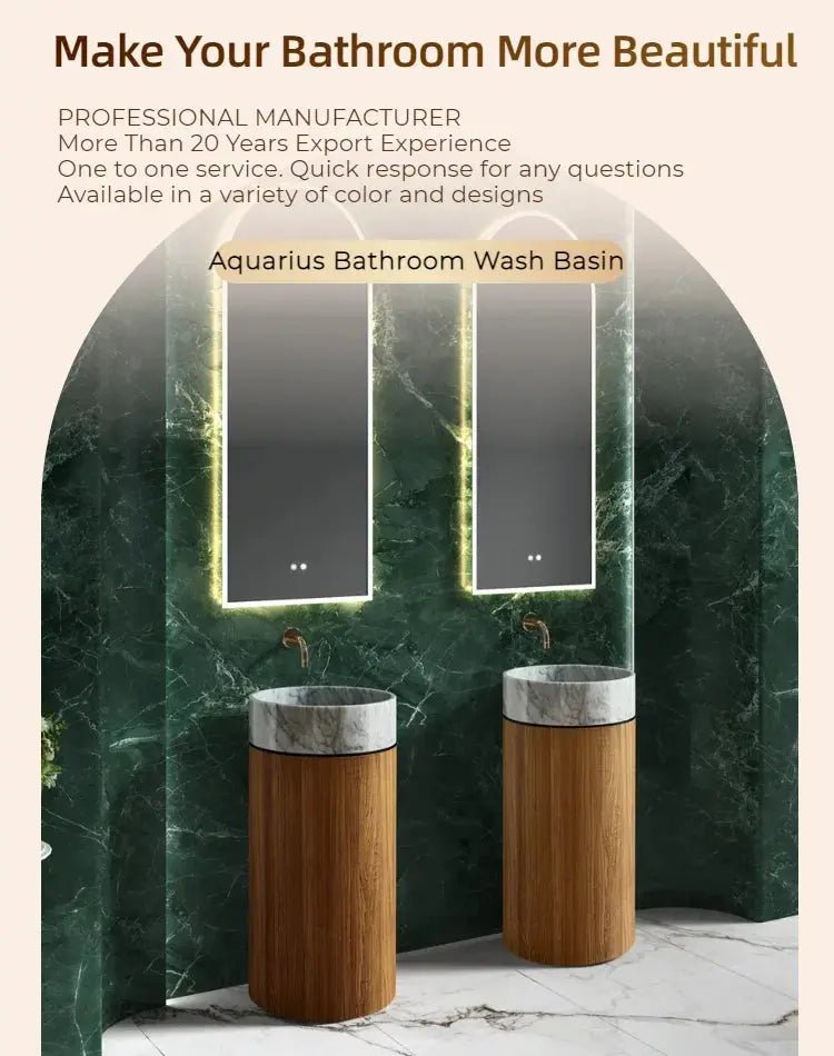 Modern Marble and Wood Grain Washbasin – Stainless Steel Base with White Stone Sink - Vessel Sinks ukBathroomLux