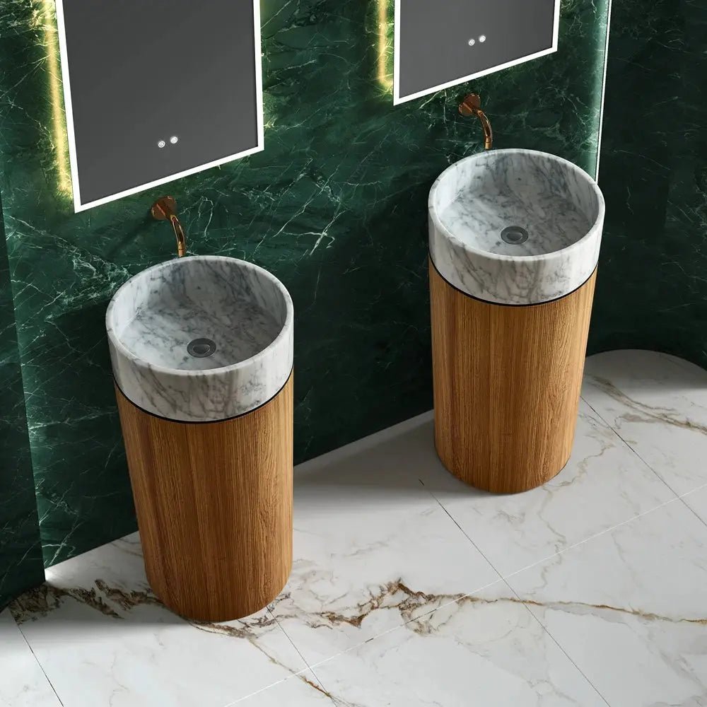 Modern Marble and Wood Grain Washbasin – Stainless Steel Base with White Stone Sink - Vessel Sinks ukBathroomLux
