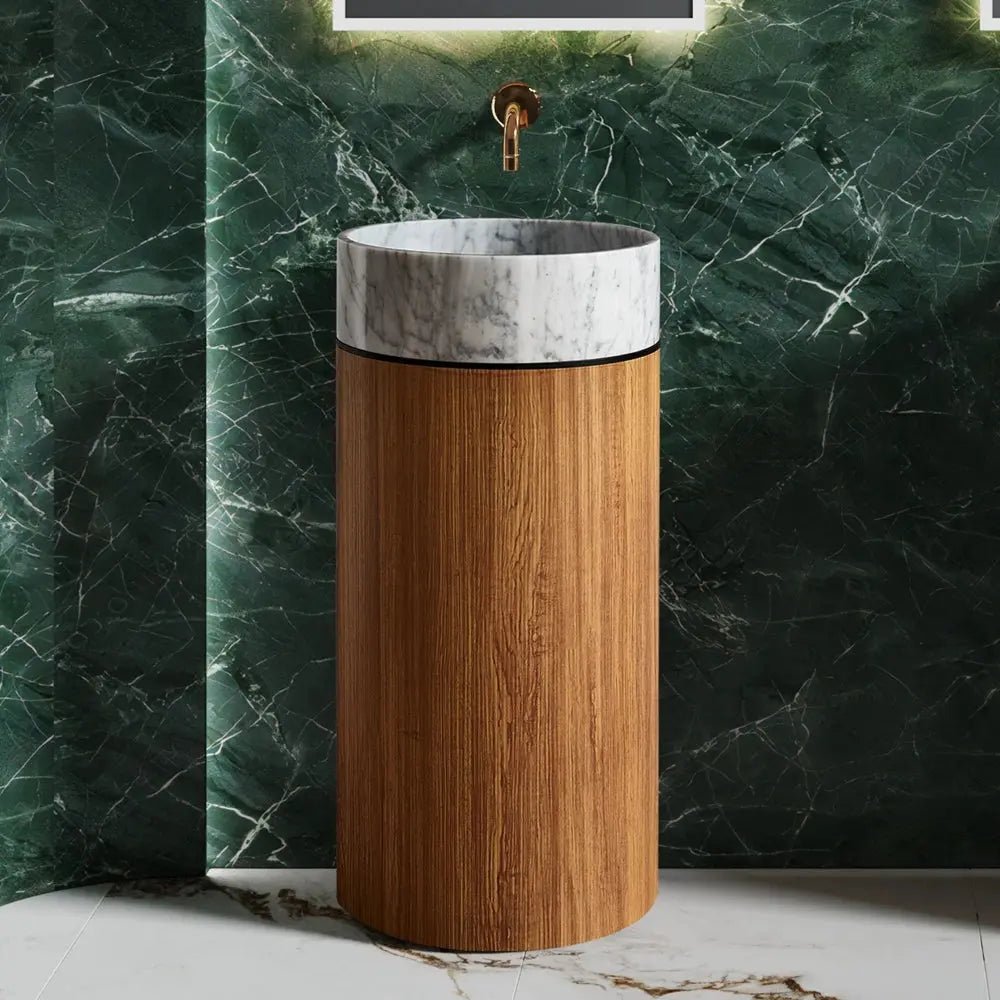 Modern Marble and Wood Grain Washbasin – Stainless Steel Base with White Stone Sink - Vessel Sinks ukBathroomLux