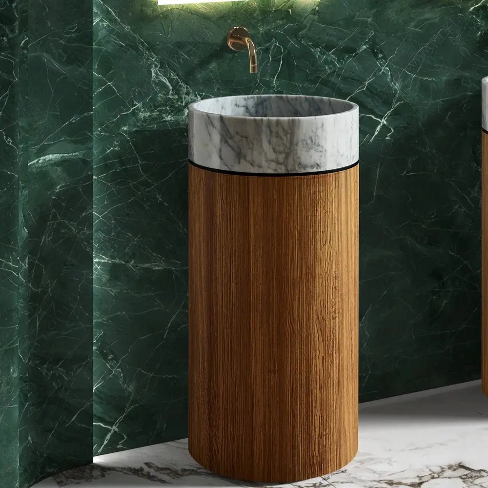 Modern Marble and Wood Grain Washbasin – Stainless Steel Base with White Stone Sink - Vessel Sinks ukBathroomLux