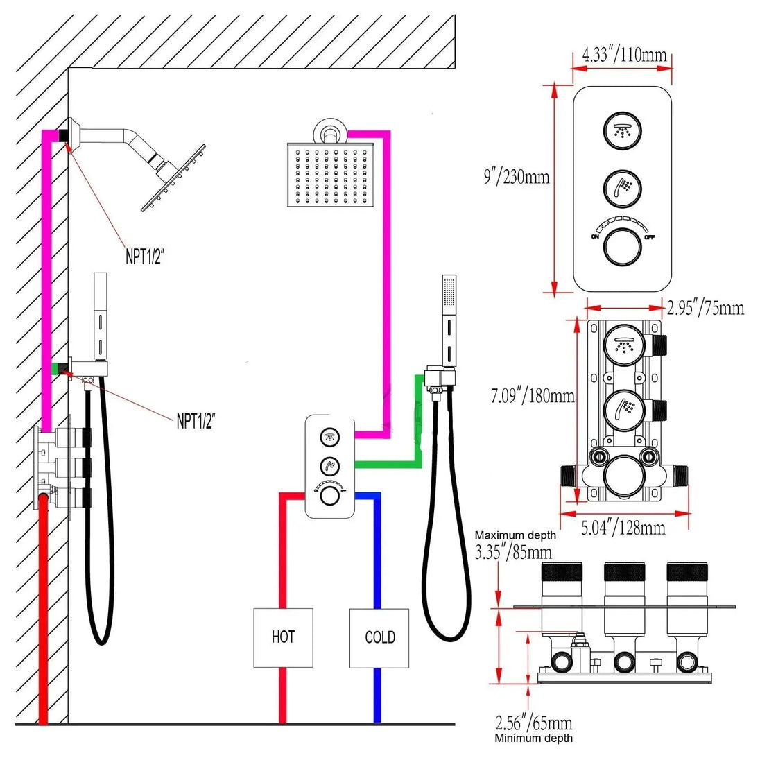 Modern Square Wall - Mounted Luxury Shower Set – Hot & Cold Mixer - Concealed Rain Shower SystemBathroomLux