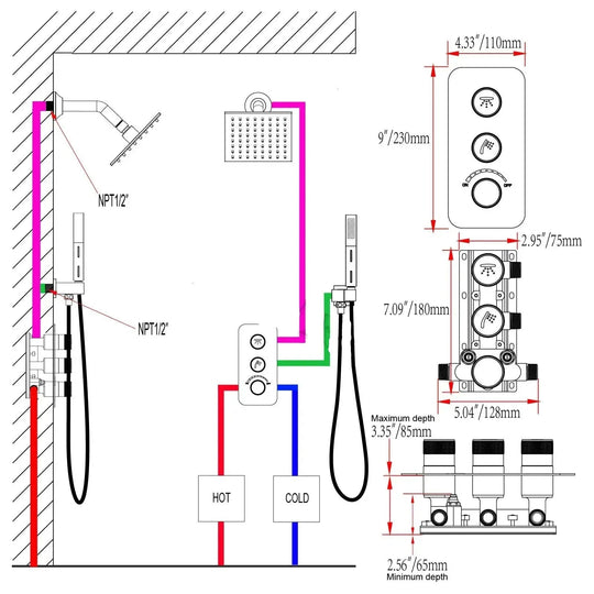 Modern Square Wall - Mounted Luxury Shower Set – Hot & Cold Mixer - Concealed Rain Shower SystemBathroomLux