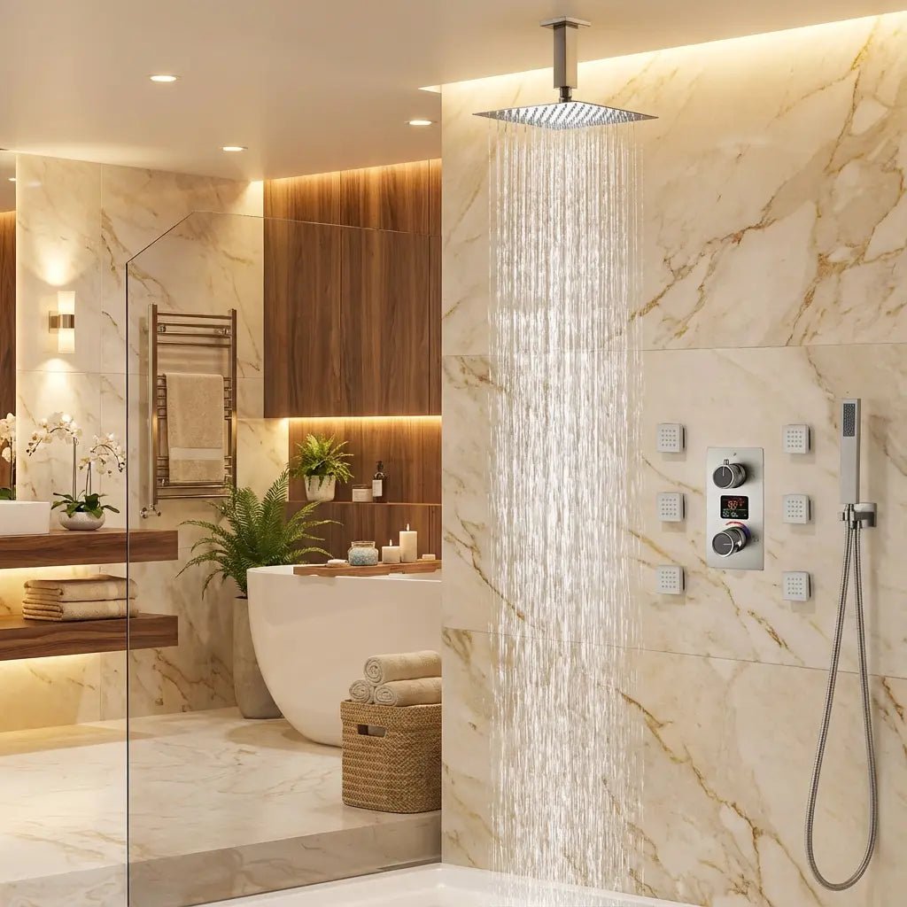 Nickel Rainfall Shower Head With Handheld | Square Thermostatic Shower System - 3 - Function Exposed Shower SystemBathroomLux