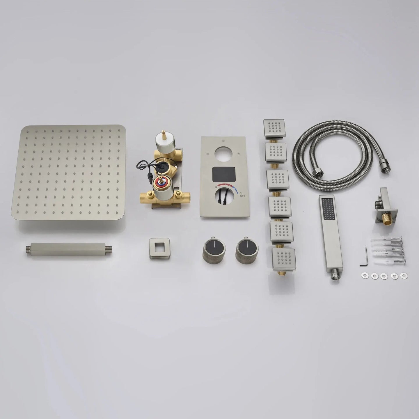 Nickel Rainfall Shower Head With Handheld | Square Thermostatic Shower System - 3 - Function Exposed Shower SystemBathroomLux