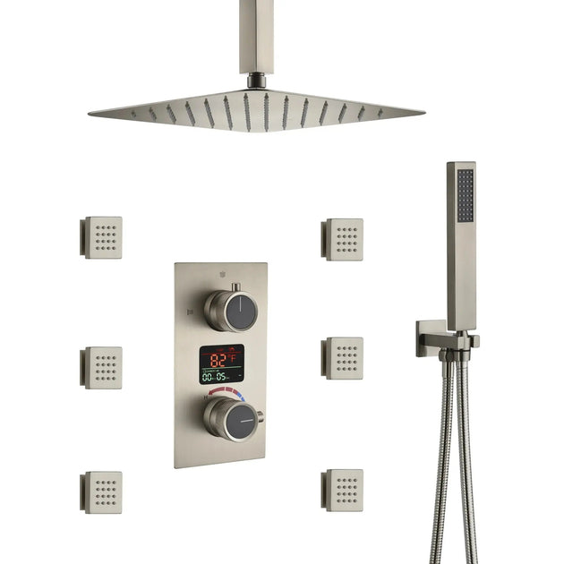 Nickel Rainfall Shower Head With Handheld | Square Thermostatic Shower System - 3 - Function Exposed Shower SystemBathroomLux