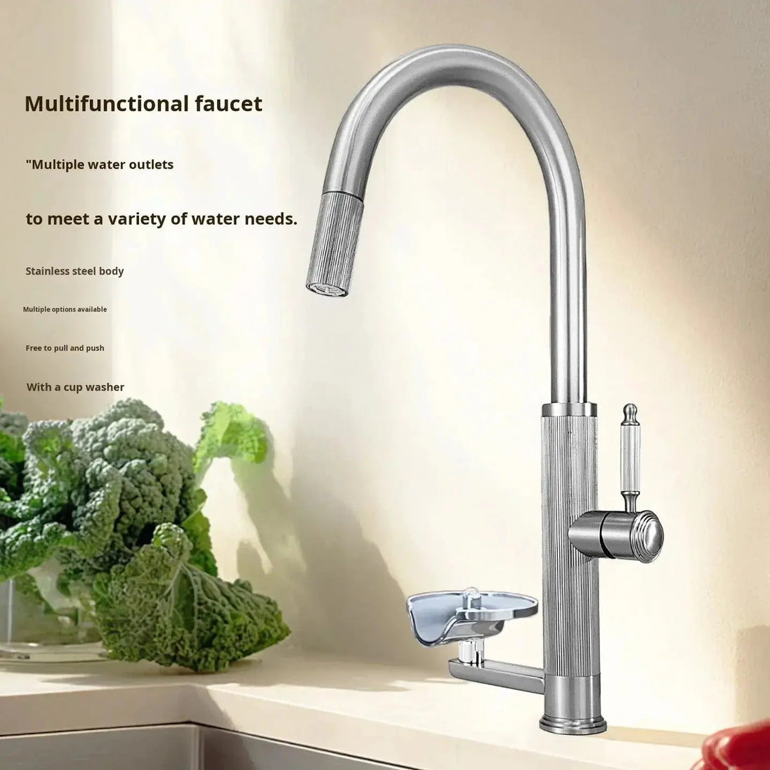 Nickel Stainless Steel Pull - Out Kitchen Faucet with Cup Washer - Pull - Down Kitchen FaucetBathroomLux