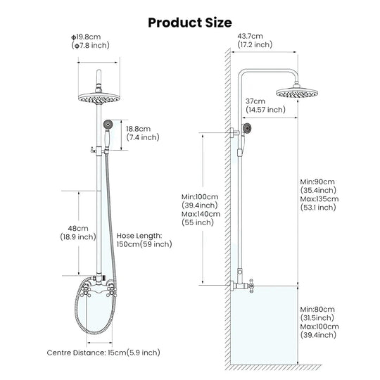 ORB 20cm Rainfall Shower System – 2 - Knob Mixer + Handheld Spray - Antique Brass Basin Bathroom faucetBathroomLux