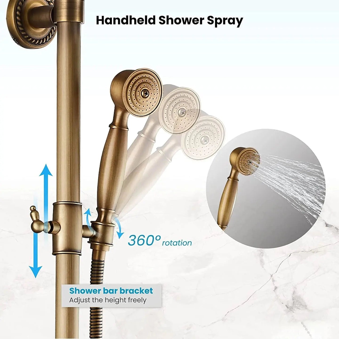 ORB 20cm Rainfall Shower System – 2 - Knob Mixer + Handheld Spray - Antique Brass Basin Bathroom faucetBathroomLux