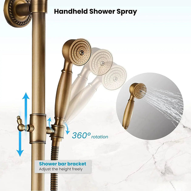 ORB 20cm Rainfall Shower System – 2 - Knob Mixer + Handheld Spray - Antique Brass Basin Bathroom faucetBathroomLux