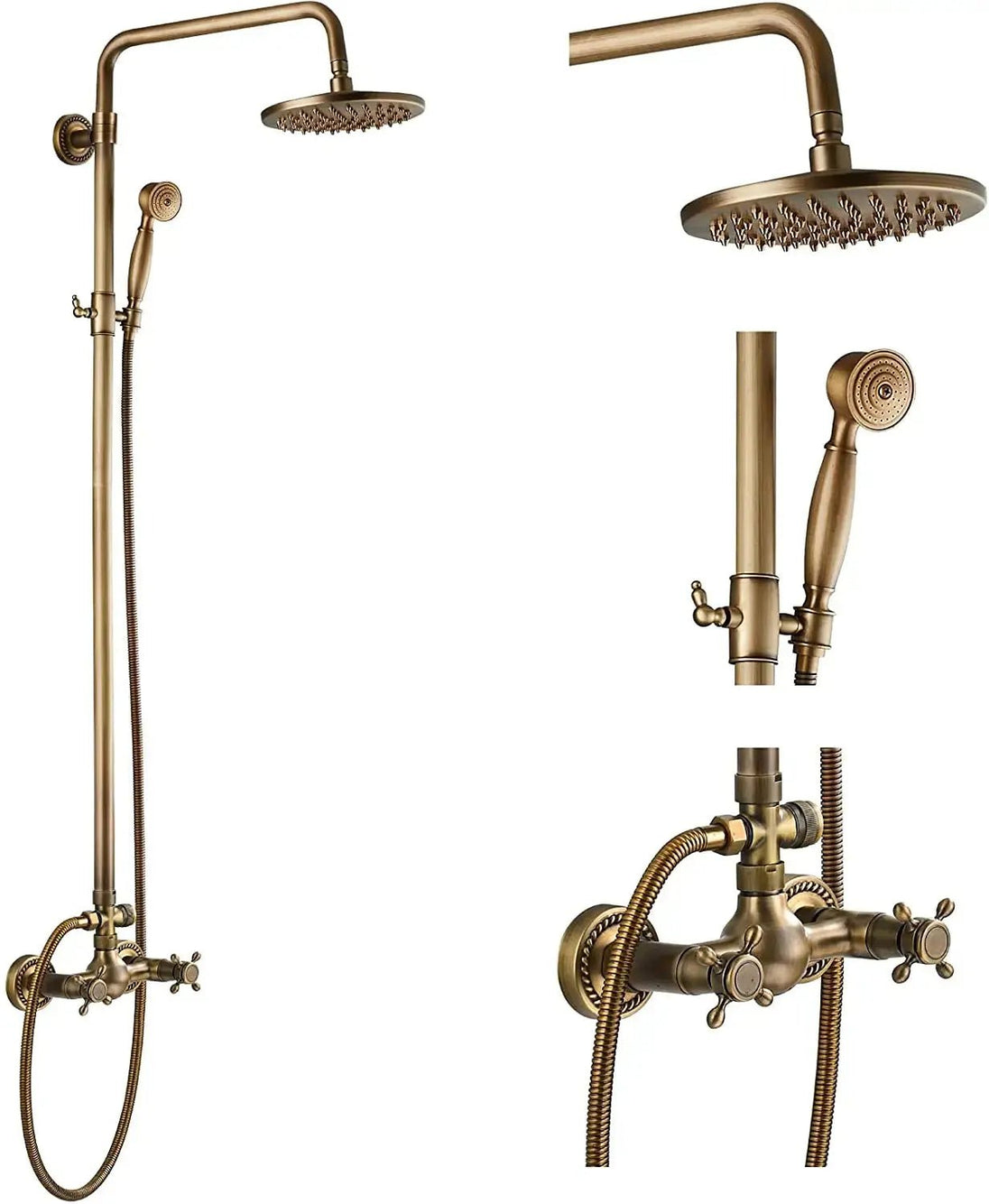 ORB 20cm Rainfall Shower System – 2 - Knob Mixer + Handheld Spray - Antique Brass Basin Bathroom faucetBathroomLux