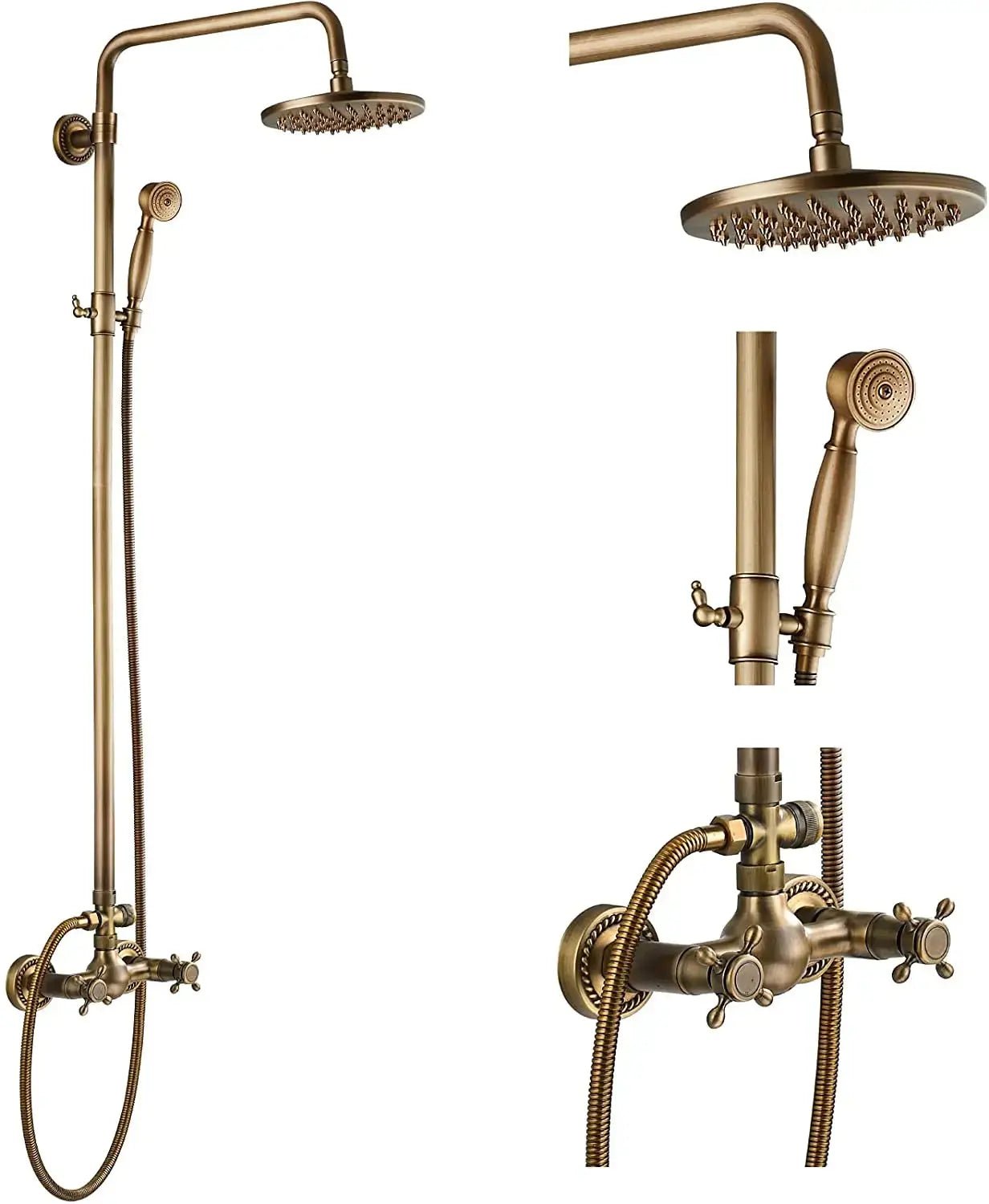 ORB 20cm Rainfall Shower System – 2 - Knob Mixer + Handheld Spray - Antique Brass Basin Bathroom faucetBathroomLux