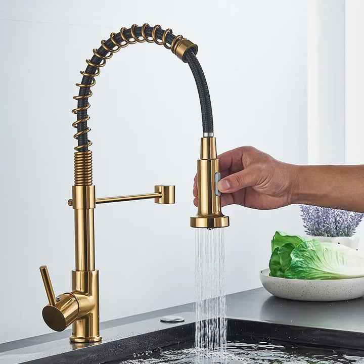 Quelluxe kitchen faucet a sleek single - handle design with a 360 - degree rotation feature - BathroomLux