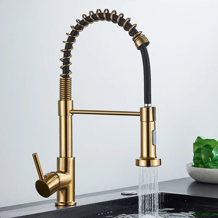 Quelluxe kitchen faucet a sleek single - handle design with a 360 - degree rotation feature - BathroomLux