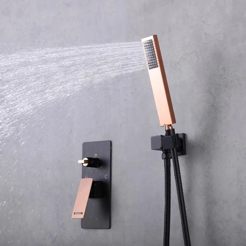 Rainfall Shower Mixer Combo – Matte Black & Rose Gold Finish - Concealed Dual Handles Rainfall Shower Head Combo SetBathroomLux