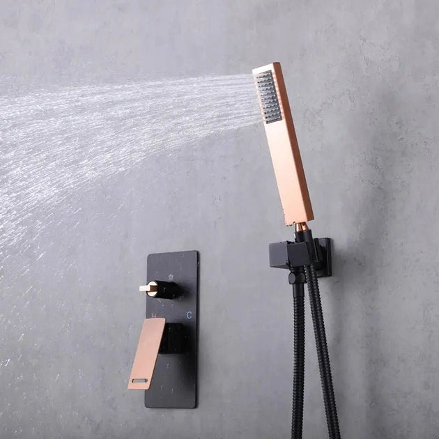 Rainfall Shower Mixer Combo – Matte Black & Rose Gold Finish - Concealed Dual Handles Rainfall Shower Head Combo SetBathroomLux